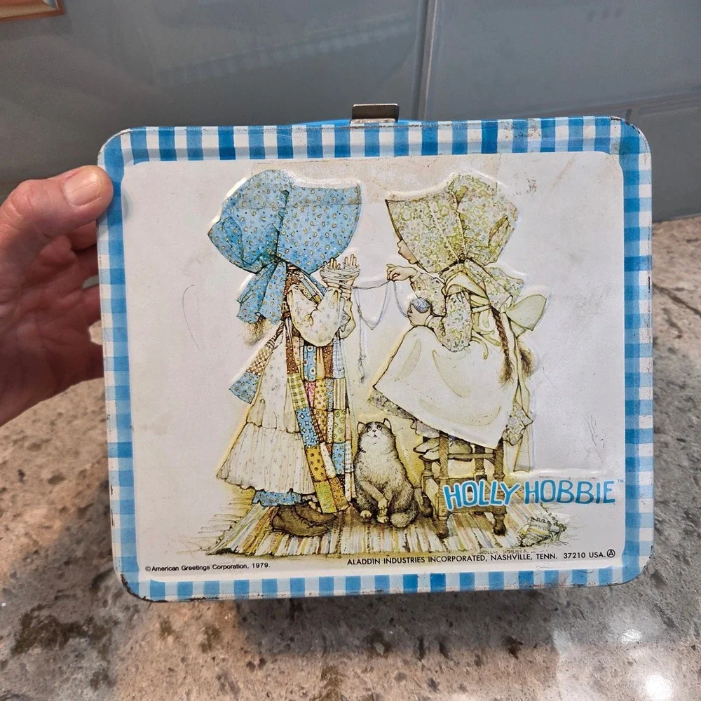 Vintage 1979 Holly Hobbie Metal Lunch Box Aladdin Blue Gingham 70s NO THERMOS
